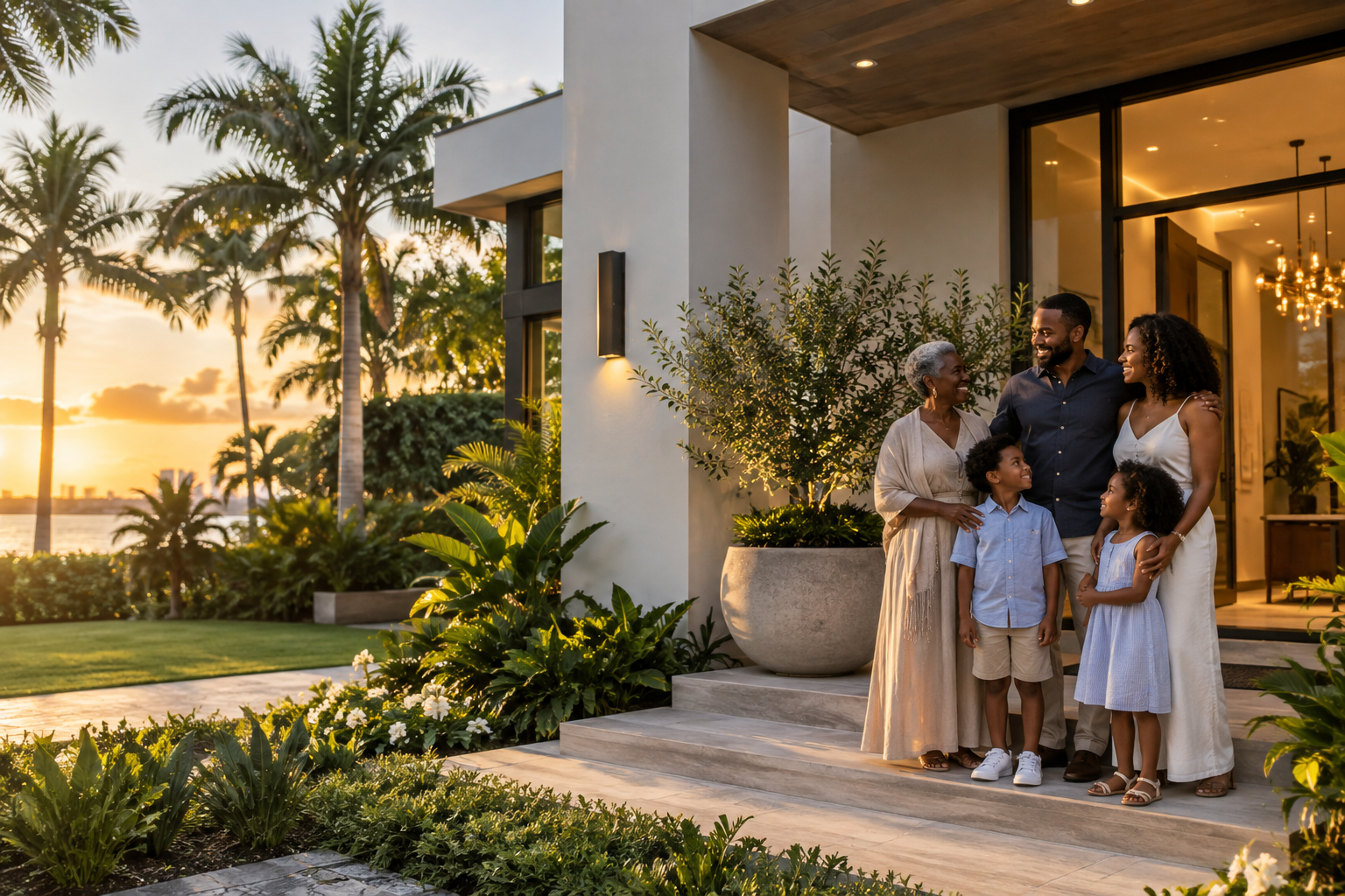 A multigenerational family together outside a South Florida home at sunset